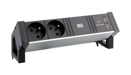 BACHMANN 937.134 Desk 2, alu black, 2x230V, 2x USB-A nabíjecí