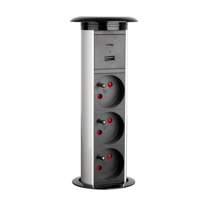 StrongPower elektricky výsuvná zásuvka 3x 230V FR USB A+C, bezdrát. nab stříbrná