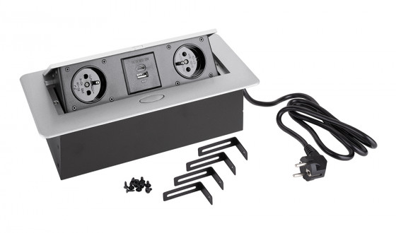 StrongPower Elektrická zásuvka 2x 230V, Francouzská, 2x USB A+C, stříbrná