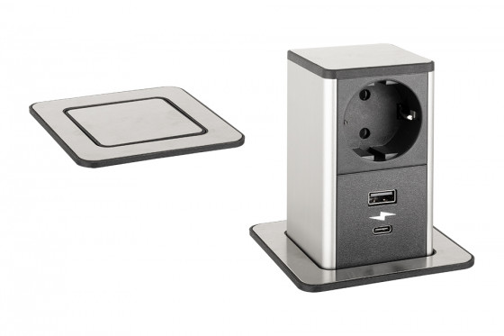 StrongPower PowerUp zásuvka, 1x230V, Schuko, USB A+C, nerez