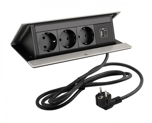 LEGRAND elektrická zásuvka PopUp, 3x 230V, Schuko, 1x USB A+C, broušený hliník