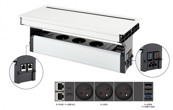 VersaFlap Mono 2.0 elektrická zásuvka 3x 230V, FR RJ45 HDMI USB A/C + data bílá