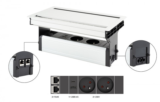 VersaFlap dual 2.0 elektrická zásuvka 2x 230V, FR, RJ45, USB A/C, bílá