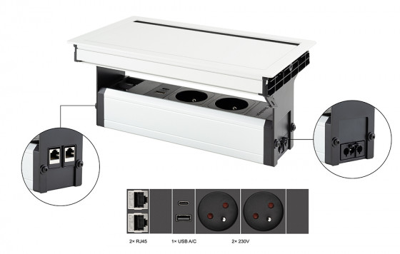 VersaFlap Mono 2.0 elektrická zásuvka 2x 230V, FR, RJ45, USB A/C, bílá matná