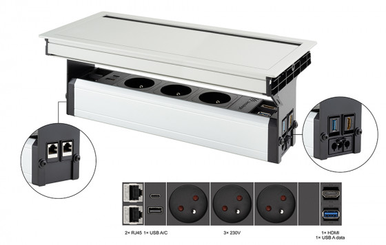 VersaFlap Mono 2.0 elektrická zásuvka 3x 230V FR RJ45 HDMI USB A/C + data hliník