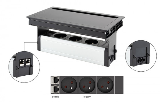 VersaFlap Mono 2.0 elektrická zásuvka 3x 230V, Francouzská, RJ45, černá matná