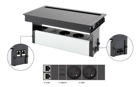 VersaFlap Mono 2.0 elektrická zásuvka 2x 230V, FR, RJ45, USB A/C, černá matná
