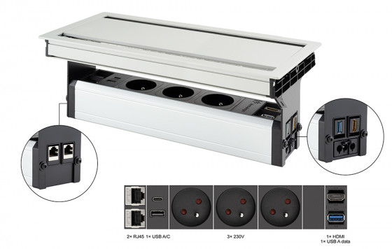 VersaFlap dual 2.0 elektrická zásuvka 3x 230V FR RJ45 HDMI USB A/C + data hliník