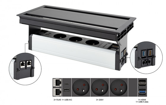VersaFlap dual 2.0 elektrická zásuvka 3x 230V FR RJ45 HDMI USB A/C + data, černá