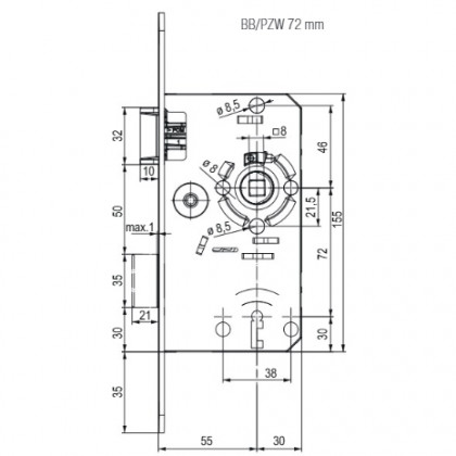 TWIN Zámek zadlabací levý kovová střelka závora BB/72mm