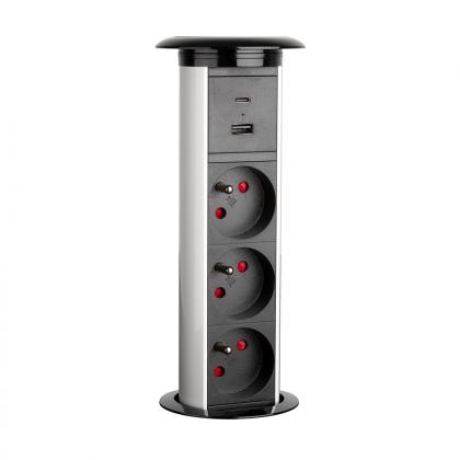 StrongPower elektricky výsuvná zásuvka 3x 230V FR USB A+C, bezdrát. nab stříbrná