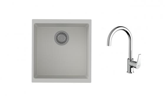 K-StrongSinks S3 Set dřez Hron 430x460mm granit bílá + Baterie Rhona chrom