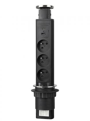 StrongPower Elektrická zásuvka vytahovací, 3x 230V Francouzská, USB A+C, černá
