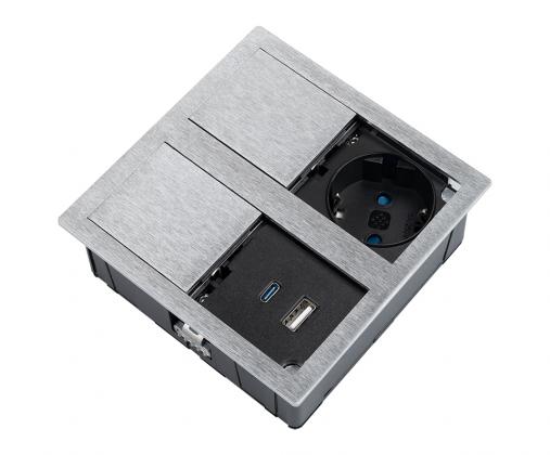 VersaHit Dual elektrická zásuvka 1x 230V Schuko, USB A/C 5V broušený hliník