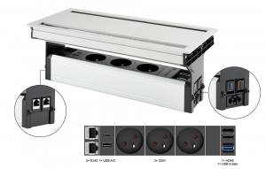VersaFlap dual 2.0 elektrická zásuvka 3x 230V FR RJ45 HDMI USB A/C + data hliník